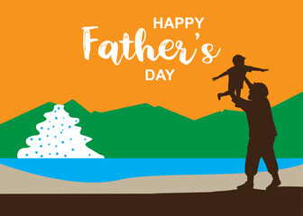 Happy father day. a father and his son are having fun by the sea and mountains at sunset. Silhouette father and son