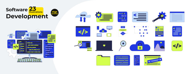 Software development and programming cartoon flat illustrations mega bundle. Coding, cloud security, source code, debugging backend 2D images isolated on white. Collection vector drawings colorful