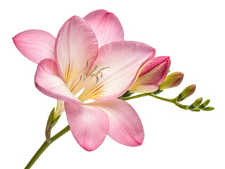 Fototapeta premium Beautiful freesia flower in soft pink hues showcases delicate petals and graceful stem, embodying elegance and charm