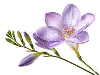 Obraz premium Stunning freesia flower in soft lavender hues showcases delicate petals and vibrant details, embodying beauty and elegance