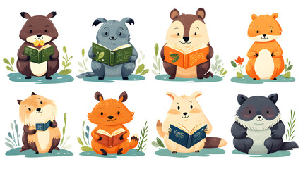 Various Wild Animals Engaged in Reading Fairy Tales - Illustration
