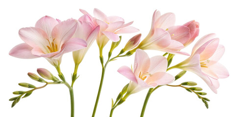 Beautiful freesia flowers bloom gracefully, showcasing delicate petals in soft pink hues that evoke sense of tranquility and joy