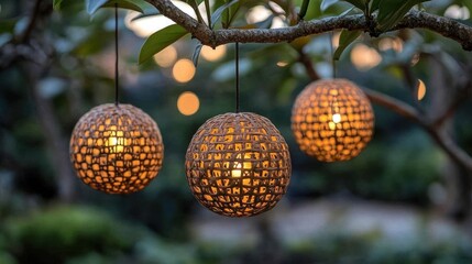 Fototapeta premium Three illuminated woven sphere lights hanging from a tree branch at dusk.
