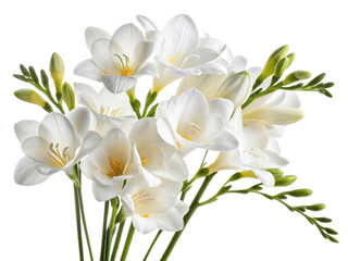 Beautiful bouquet of freesia flowers showcases their delicate white petals and vibrant green buds, perfect for any occasion