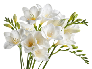 Beautiful bouquet of freesia flowers showcases their delicate white petals and vibrant green buds, perfect for any occasion