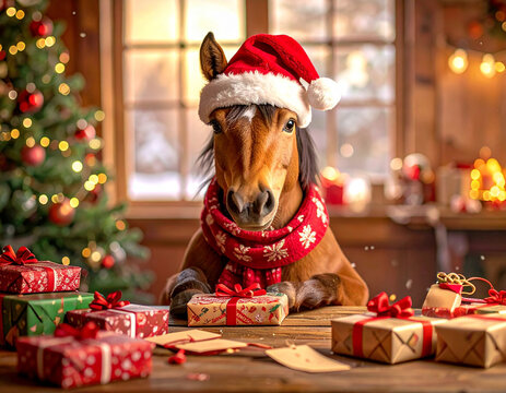 Animal horse in Santa hat wrapping presents