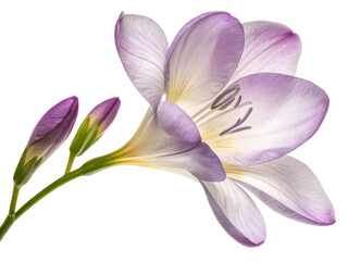 Obraz premium Beautiful freesia flower in soft purple hues showcases delicate petals and budding blooms, evoking sense of tranquility and elegance