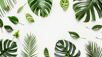 Tropical monstera and palm leaves corner frame on white background minimal flat lay
