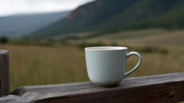 Lone coffee cup sits on wooden fence post with mountain view