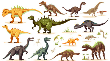 Dino Set: Collection of Prehistoric Dinosaurus like Stegos in Detailed Illustrations