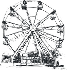 Black and white sketch of a ferris wheel amusement ride with multiple seats and metal structure at a funfair.