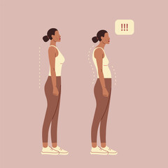 Female posture comparison: correct vs poor back alignment. Vector illustration for health, fitness, posture correction, back pain prevention.