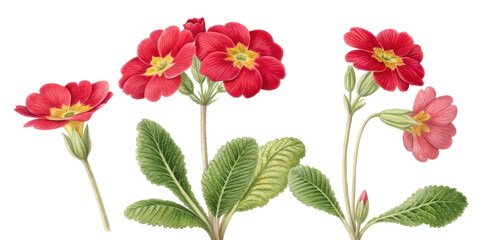 Primrose flowers bloom vibrantly with red petals and lush green leaves, creating stunning display of nature beauty