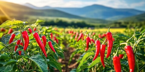 Close-up of chili plant with red peppers in field under cloudy sky.