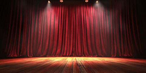 Grand stage with red velvet curtains and wooden floor under spotlights.