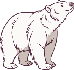Depicts a polar bear standing on all four legs, with its head raised and looking to the side. The fur is detailed with shading, giving it a realistic 