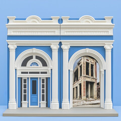 Restored building facade contrasting a ruined interior; urban renewal concept; architectural design; before-after comparison