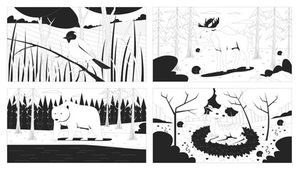 Forest wildlife line illustrations set. Moose, bear, bird and fawn. Grizzly, songbird, baby dear, elk in woodland 2D ink linear characters monochrome. Flat outline vector images collection