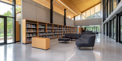 The library is filled with bookshelves and a couch. The atmosphere is serene and tranquil, inviting visitors to sit and read. The large windows let in natural light, creating a warm and inviting space