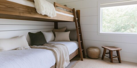 A bedroom with a bunk bed and a window. The room is decorated with white furniture and a brown rug