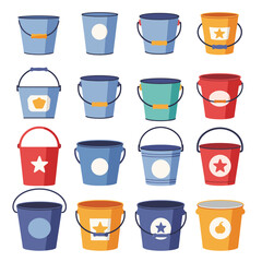 A set of illustrated buckets in multiple colors and designs featuring stars, circles, and other shapes. Perfect for showcasing creativity, organization, and household tools in a playful style.
