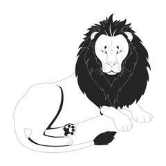 Proud lion lying down with intense gaze and voluminous mane 2D line character. Wild animal. Savanna wildlife. Majestic cat isolated vector ink outline creature. Monochromatic spot illustration