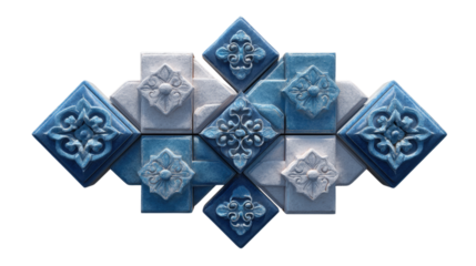 Geometric Tiles: A striking pattern of blue and white geometric tiles, a modern interpretation of classic art, creating a visually engaging and timeless aesthetic. 