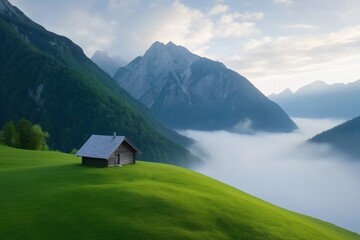 A small cabin sits on a grassy hillside in the mountains. The cabin is surrounded by trees and the mountains in the background. The scene is peaceful and serene