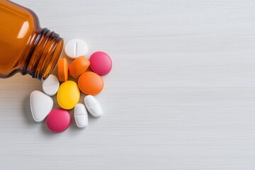A bottle of pills is opened and scattered on a table. The pills are of different colors and shapes, and they are all mixed together. Concept of disarray and confusion
