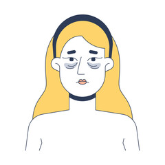 Blonde woman tired face with dark circles under eyes 2D vector illustration. Puffiness, fatigue skincare. Caucasian white female flat character isolated on white background. Colorful cartoon image