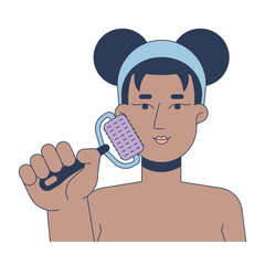 Black woman using microneedling tool 2D vector illustration. Facial massage. Collagen boost. African american female healthy face flat character isolated on white background. Colorful cartoon image