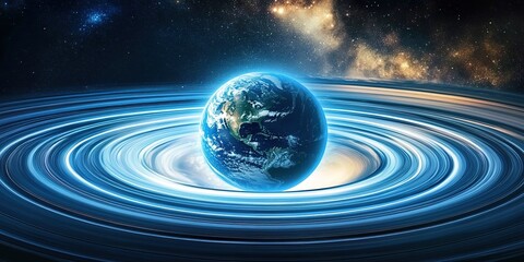 Obraz premium Blue Earth with starry rings in cosmic space with nebulae.