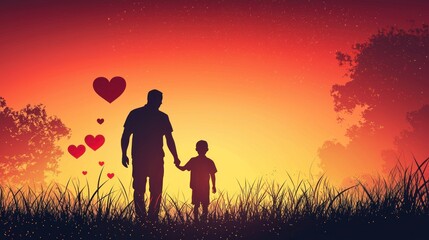 Fototapeta premium A silhouette of a man and a child walking together in a field at sunset, with hearts floating around them.