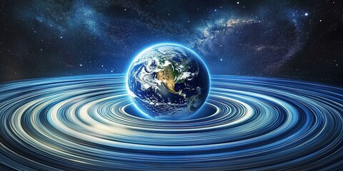 Blue Earth with starry rings in cosmic space with nebulae.