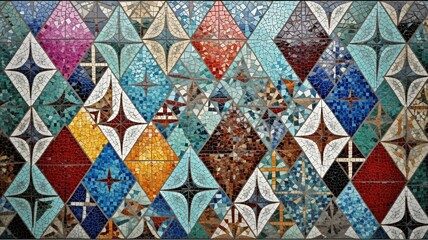 Fototapeta premium Seamless mosaic tile background in vibrant colors with geometric symmetry, perfect for cultural and artistic themes