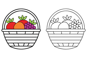 Two baskets display one colored and one monochrome set of fresh fruits