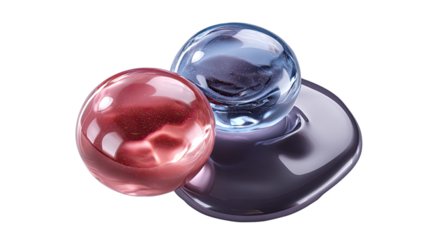 Spherical Symmetry in Color: Captivatingly, two perfectly spherical, vibrantly colored orbs rest upon a pool of liquid, exhibiting impeccable balance and artistic harmony. 