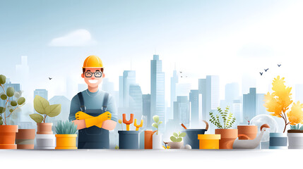A joyful worker in safety attire cultivates a vibrant rooftop garden, surrounded by city skyline.