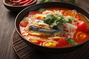 Spicy soup with canned mackerel and cellophane noodles Asian cuisine