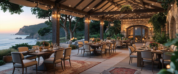 Luxurious outdoor dining scene with ocean views and romantic ambiance at sunset