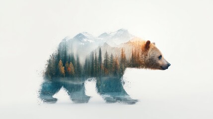 Bear with mountain and forest double exposure