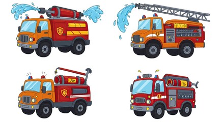 Cartoon Fire Trucks Collection Water Hose Ladder Extinguisher