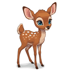 Adorable Fawn: A charming cartoon illustration of a fawn with large, expressive eyes and a sweet smile. The fawn’s soft brown fur is dotted with white spots.