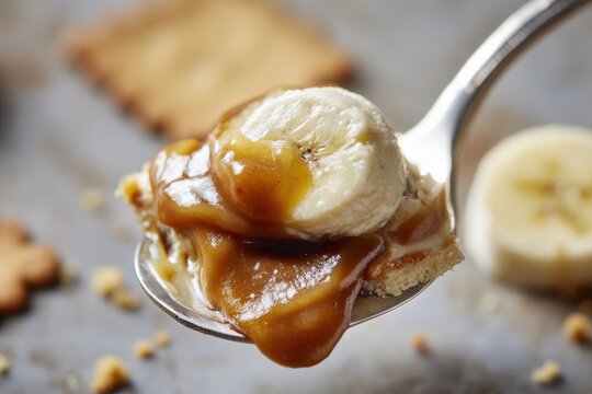 Spoon featuring a banana dulce de leche dessert topped with vanilla ice cream and crushed biscuits seen from above