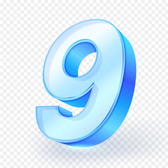 3d number 9 clear glass effect. isolated on transparent background. Ideal for education, countdowns, infographics, anniversary or birthday themed designs. Vector illustration.