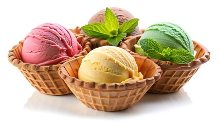 Ice cream scoops in waffle basket isolated on white background