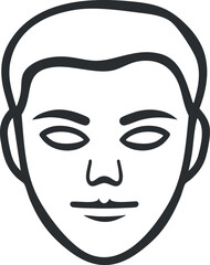 Black and white outline of a human face mask with empty eyes and neutral expression