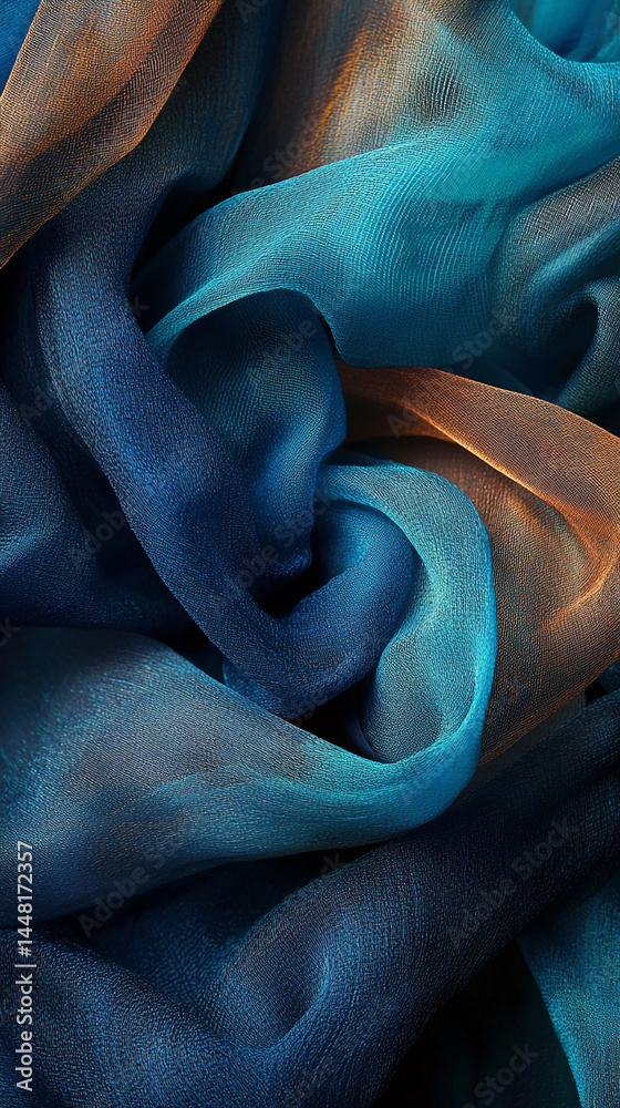 Poster blue and orange fabric texture, showing folds and creases, creating a luxurious and elegant appearan