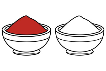 Red powder and white powder fill the identical white bowls in this outline drawing