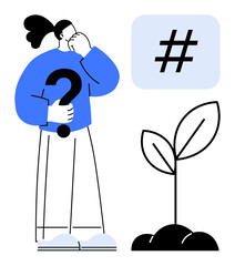 Individual holding a question mark stands near a sprouting plant and metadata tag, symbolizing curiosity, growth, and trends. Ideal for innovation, sustainability, learning, branding, creativity